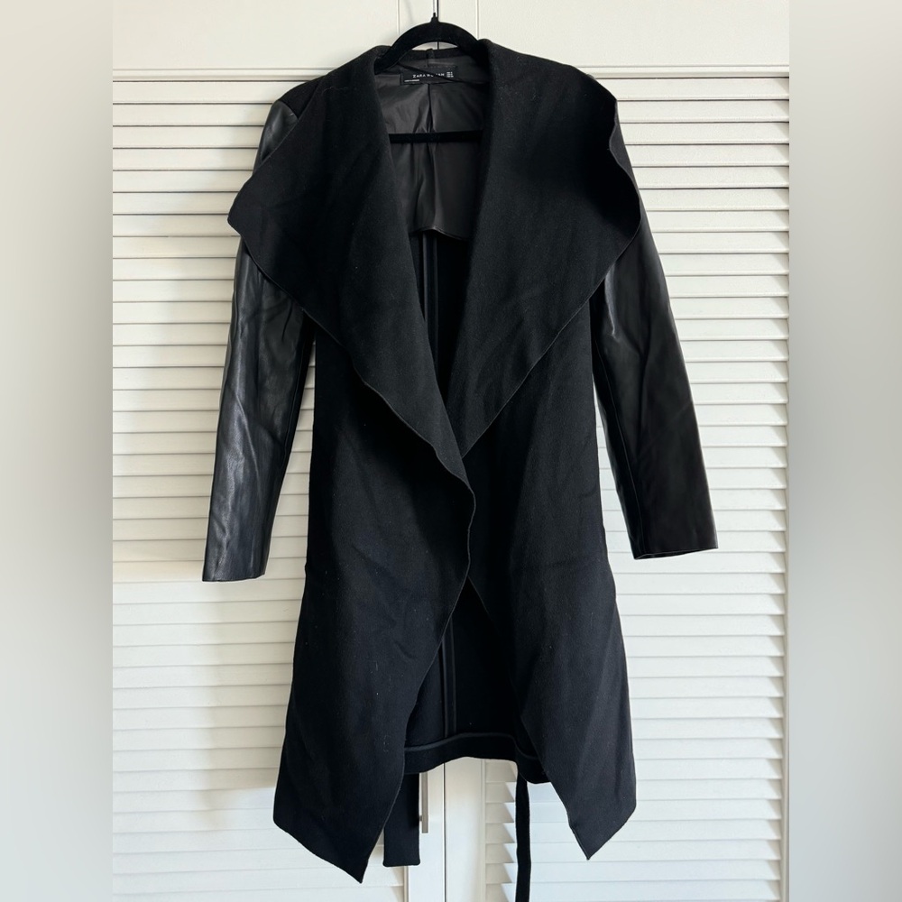 Zara Black Wool Blend Faux Leather Asymmetric Coat US S